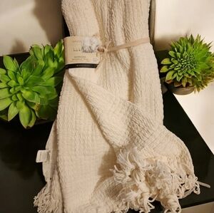 Cable Knit Crochet Throw Blanket Ivory Nicole Miller Artelier Fringed